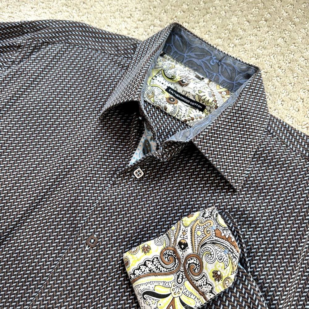 Luchiano Visconti Shirt Mens L Brown Blue Geometric Paisley Cotton Square Button